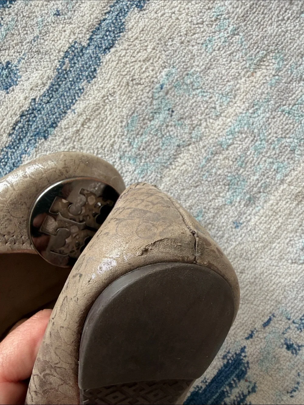 Tory Burch Metallic Taupe Logo Ballet Flats